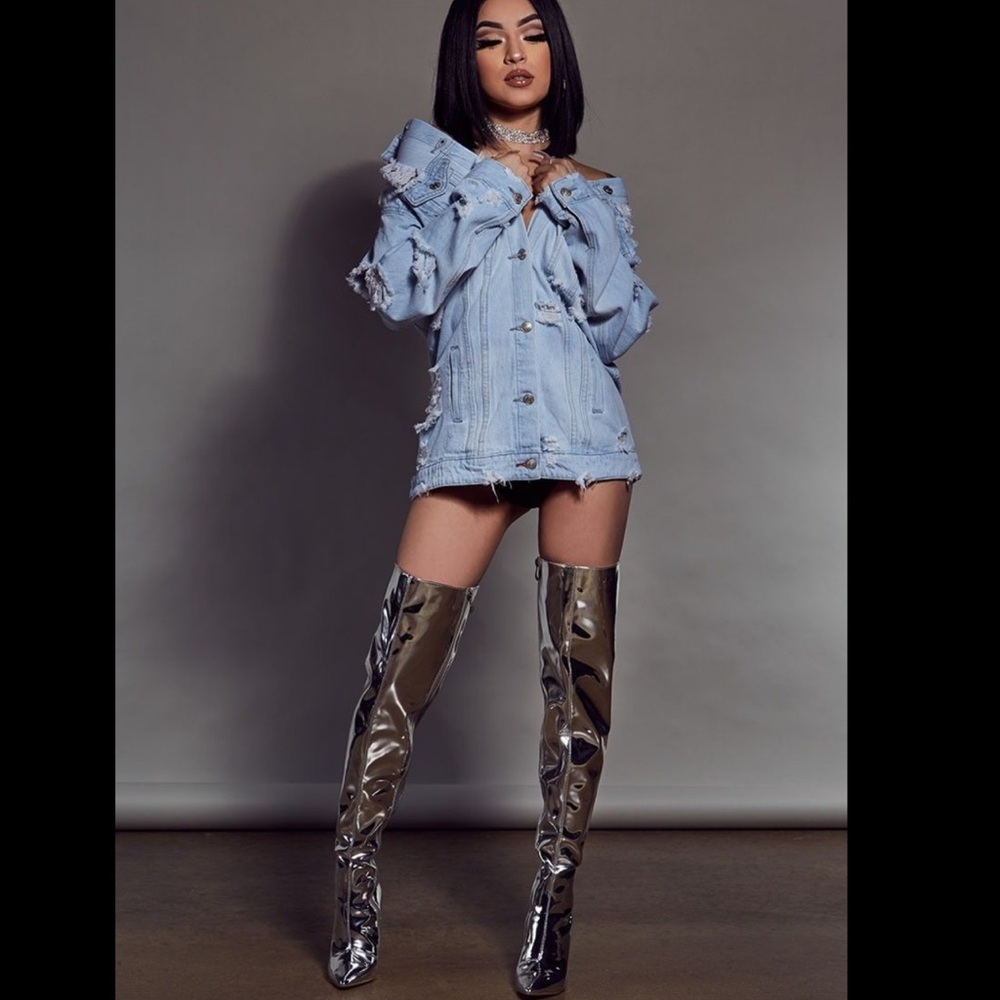 Silver mirrored thigh high boots OTK